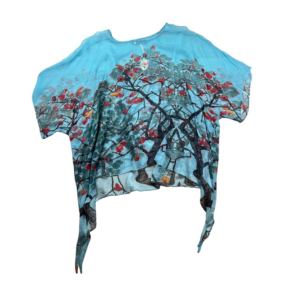Cocoon House Silk Poncho Women's S/M  Black Tree of Life Sheer‎ Kimono Top